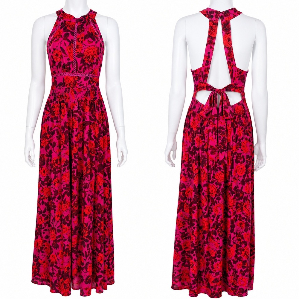 Abel The Label Pink Floral Rose Maxi Dress Halter Open Back Smocked Size M